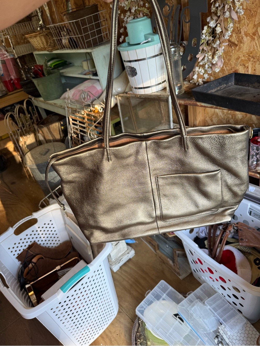 HOBO Metallic Gold Shoulder Tote with Front Patch Pocket